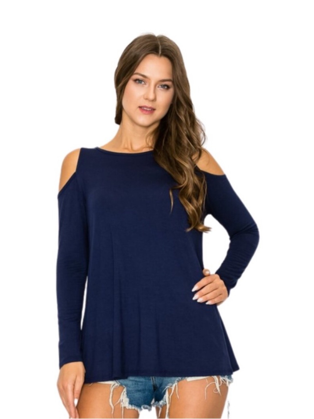 Chris & Carol Navy Cold-Shoulder Long Sleeve Top